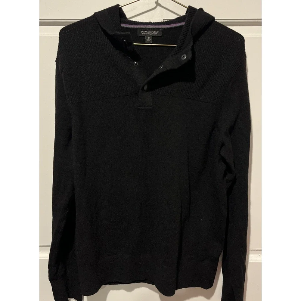 Banana Republic Men's Italian Yarn Wool Blend Black‎ Hooded Sweater Pullover